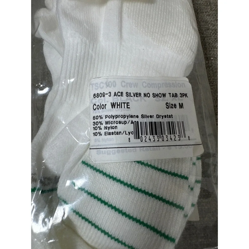 Eurosock Ace Silver No Show Tab Compression Socks 3PK White Green Stripe Size M